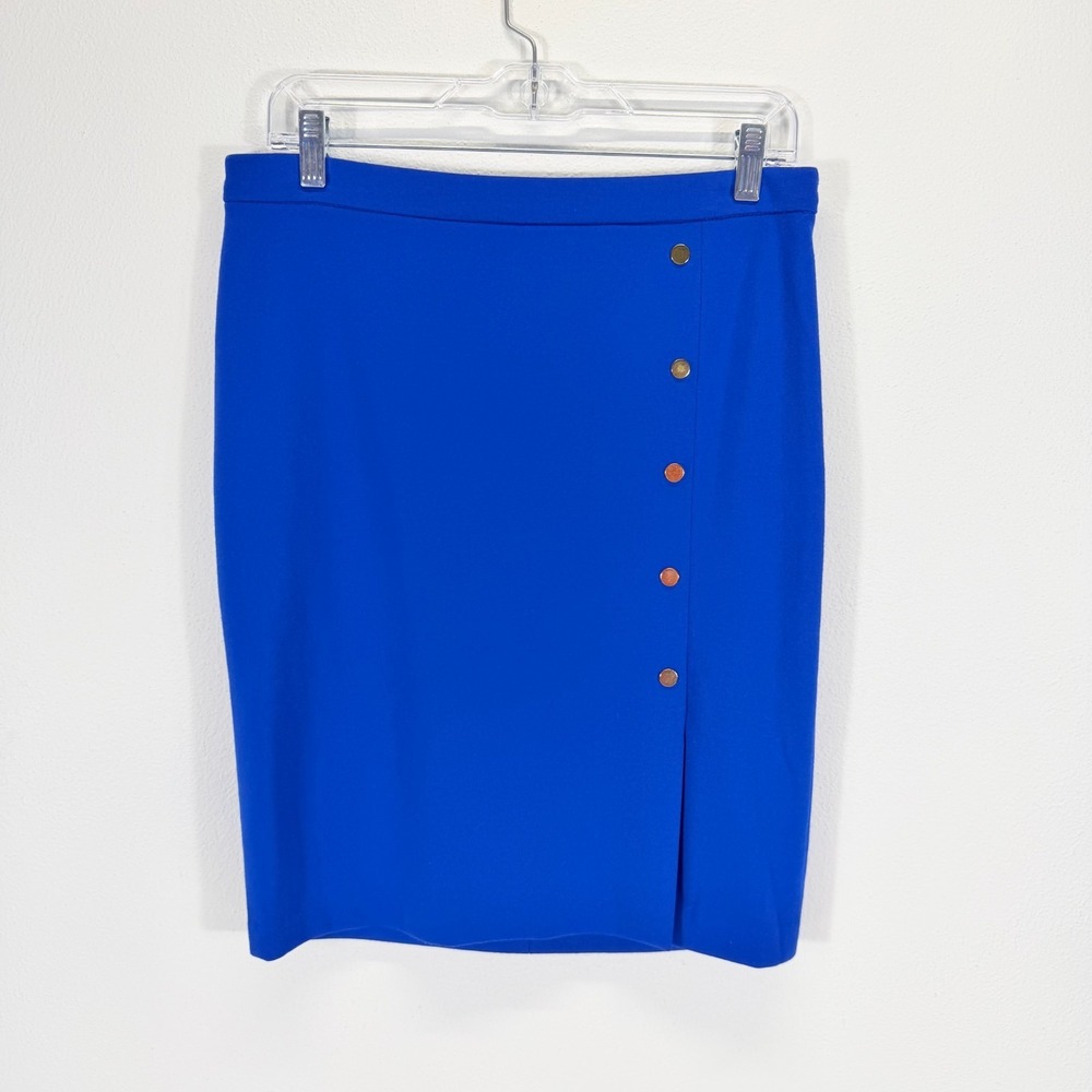 The Limited Gold Button Royal Cobalt Blue Stretch Office Wear Pencil Skirt Sz 8